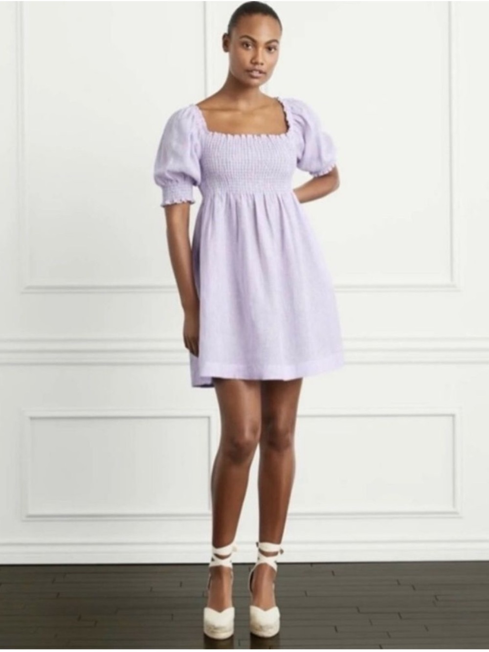 NWT Hill House Lilac Stripe Athena Midi Sleeve Nap Linen Dress Size S